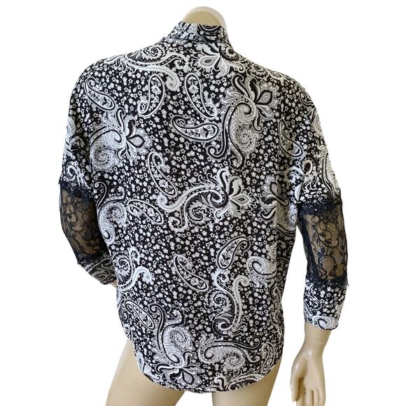 EXPRESS Womens Size XS Paisley Lace Sleeve Tie Neck Button Up Shirt Top - Picture 4 of 8